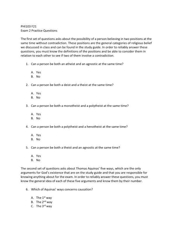 PHI 103 Week 10, Topic 5 Exam 2 Practice-Questions