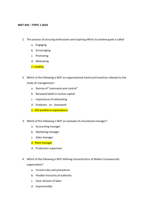 MGT 420 Topic 1 Quiz plus Study Guide