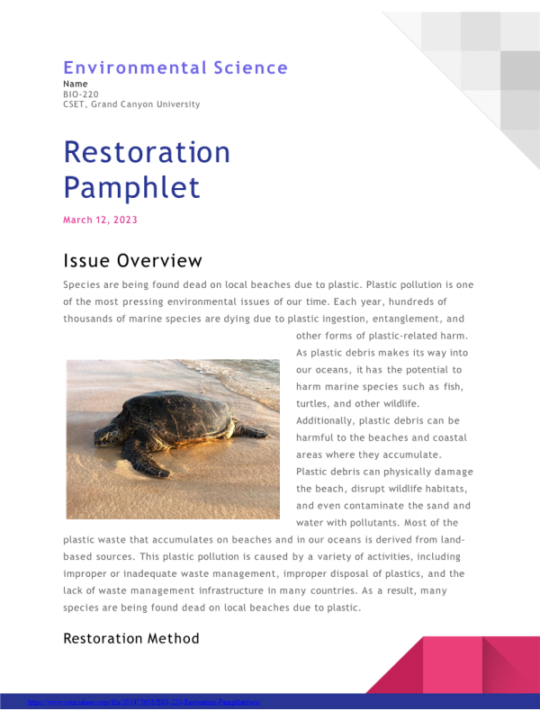 BIO 220 Topic 5 Assignment; Restoration Pamphlet - Species are being found dead on local beaches