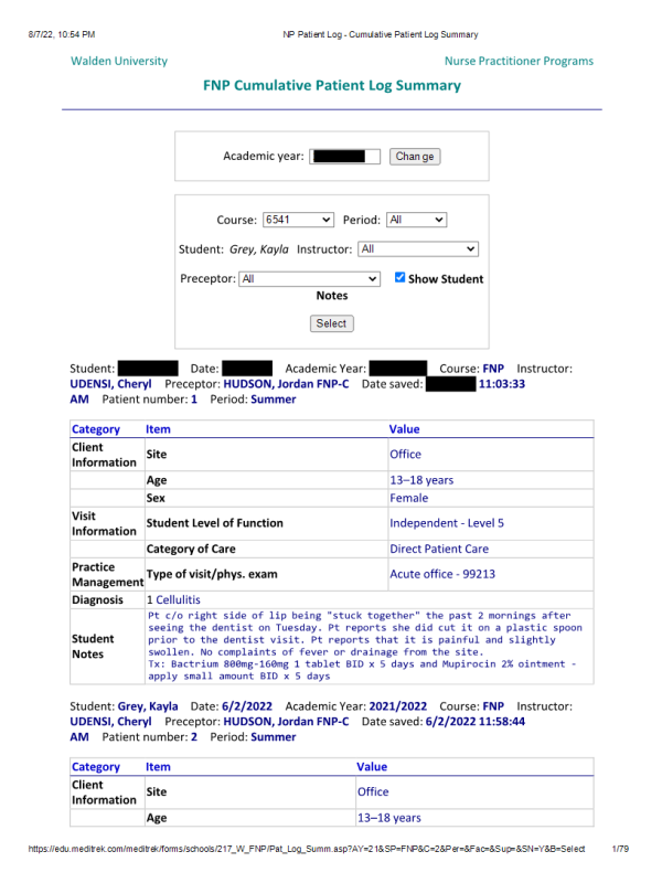 xPRAC 6541 FNP Cumulative Patient Log Summary