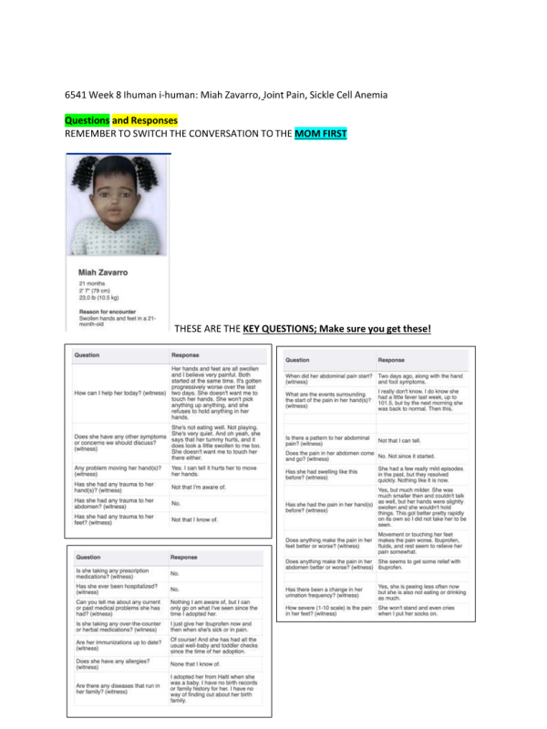 PRAC 6541 Week 8 iHuman Miah Zavarro, Joint Pain, Sickle Cell Anemia - Ques & Res