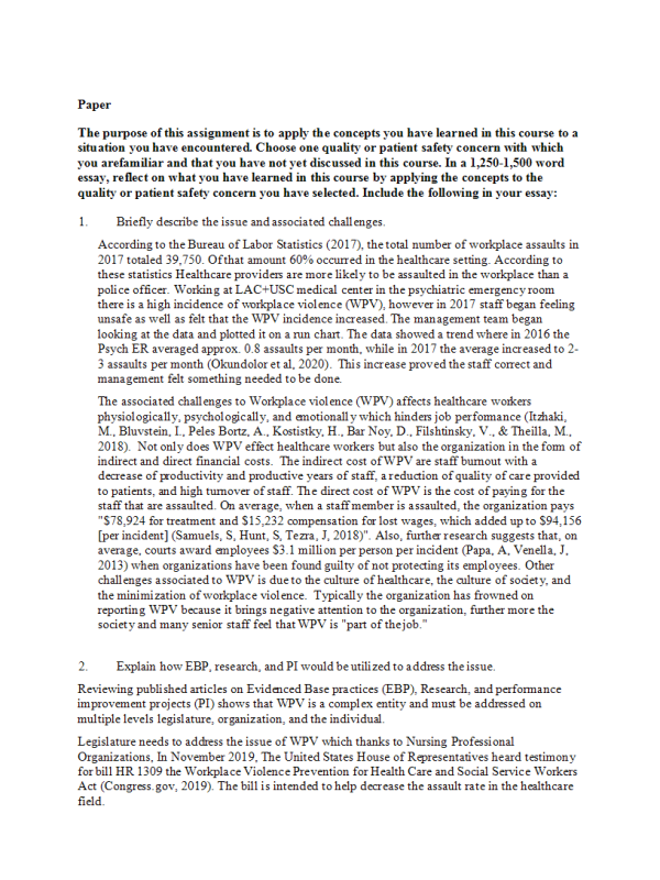 NUR 630 Topic 8 Assignment; Overview of Quality in Health Care