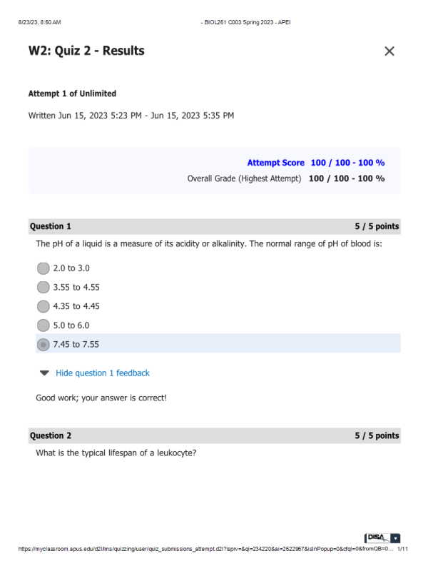 BIOL251 W2 Quiz 2 - Results