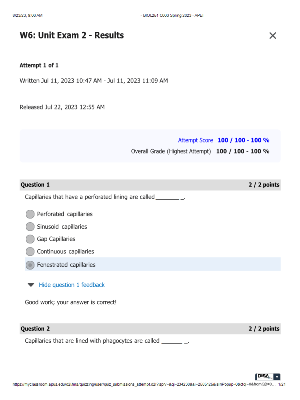 BIOL251 W6 Unit Exam 2 - Results