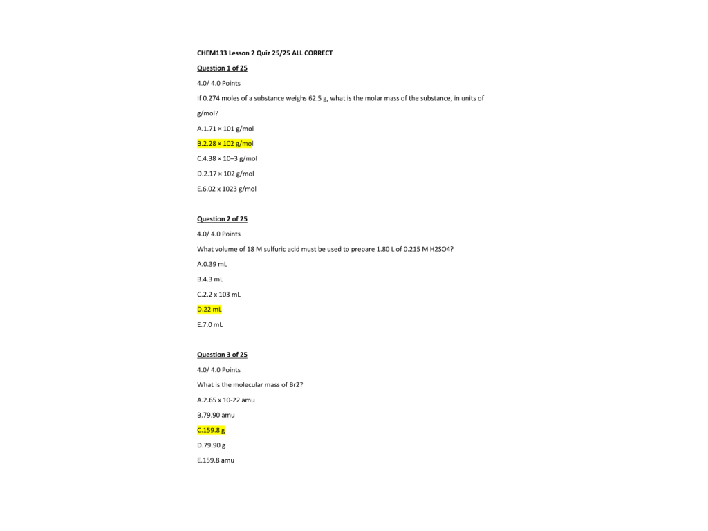 CHEM133 Week 4 Lesson 2 Quiz | Course Resources