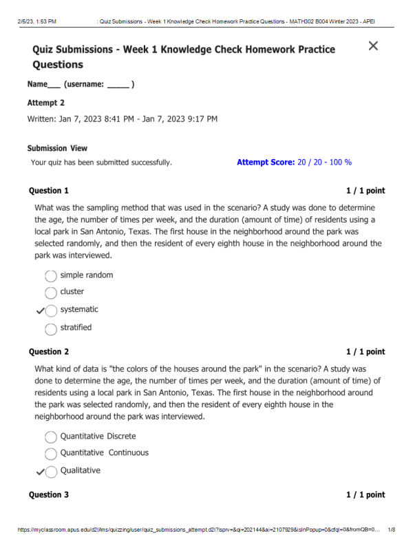 MATH302 Week 2 Knowledge Check Homework Practice QuestionsAttempt Score 20 / 20 - 100 %