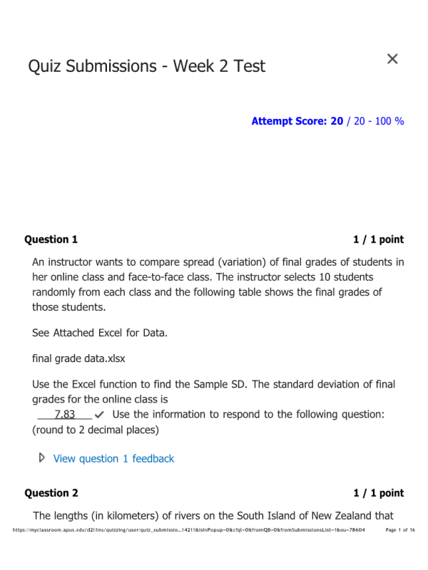 MATH302 Week 2 TestScore 20 / 20 - 100 %