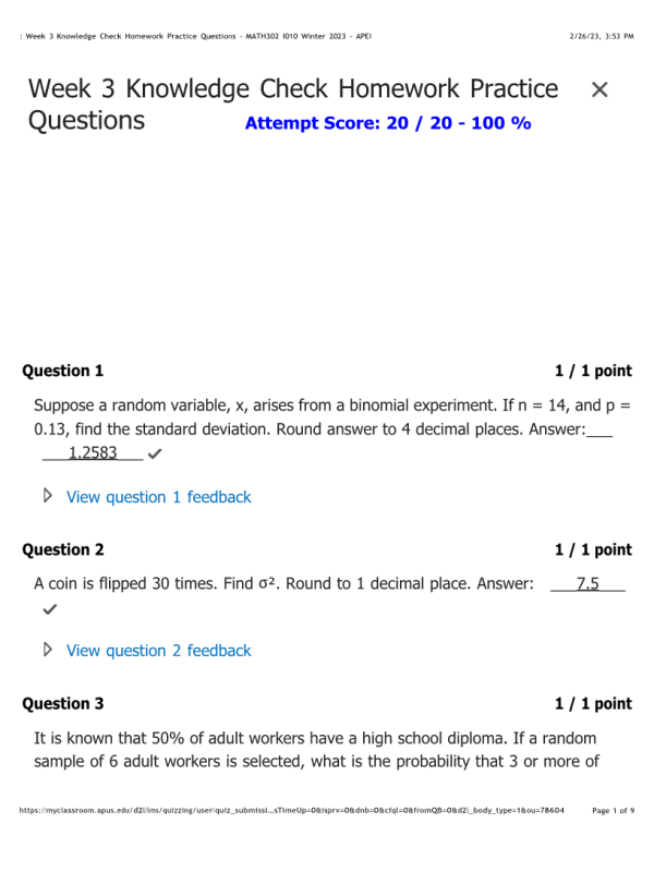 MATH302 Week 3 Knowledge Check Homework Practice QuestionsScore 20 / 20 - 100 %