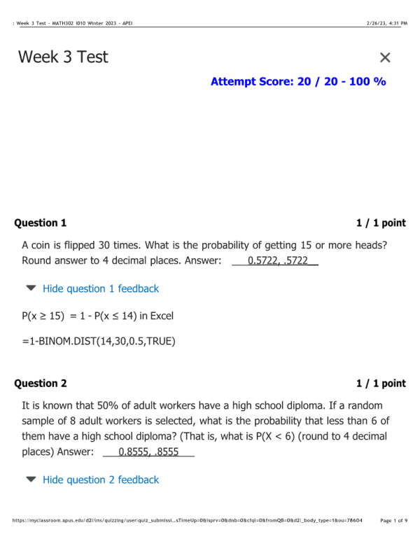 MATH302 Week 3 TestScore 20 / 20 - 100 %