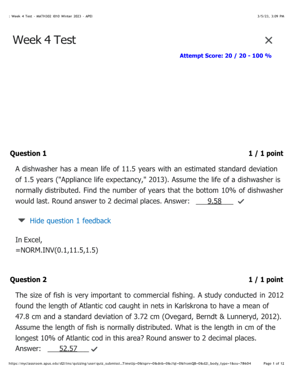 MATH302 Week 4 TestScore20 / 20 - 100 %