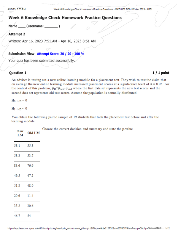 MATH302 Week 6 Knowledge Check Homework Practice QuestionsWinter Session