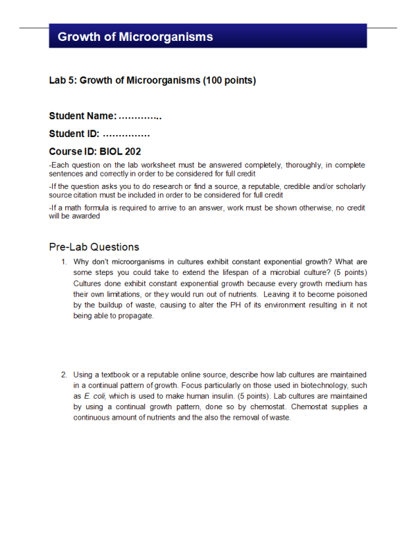 BIOL202 Week 5 Lab 5; Growth of Microorganisms