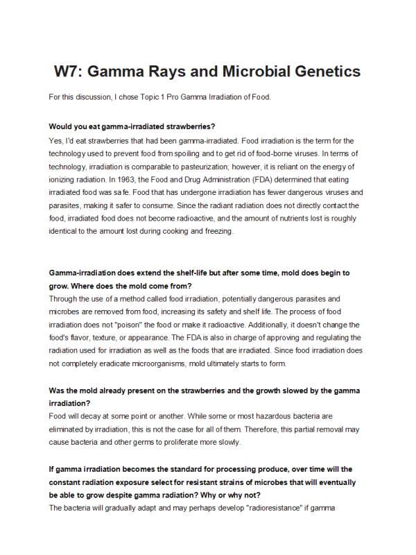 BIOL202 Week 7 Discussion; Gamma Rays and Microbial Genetics