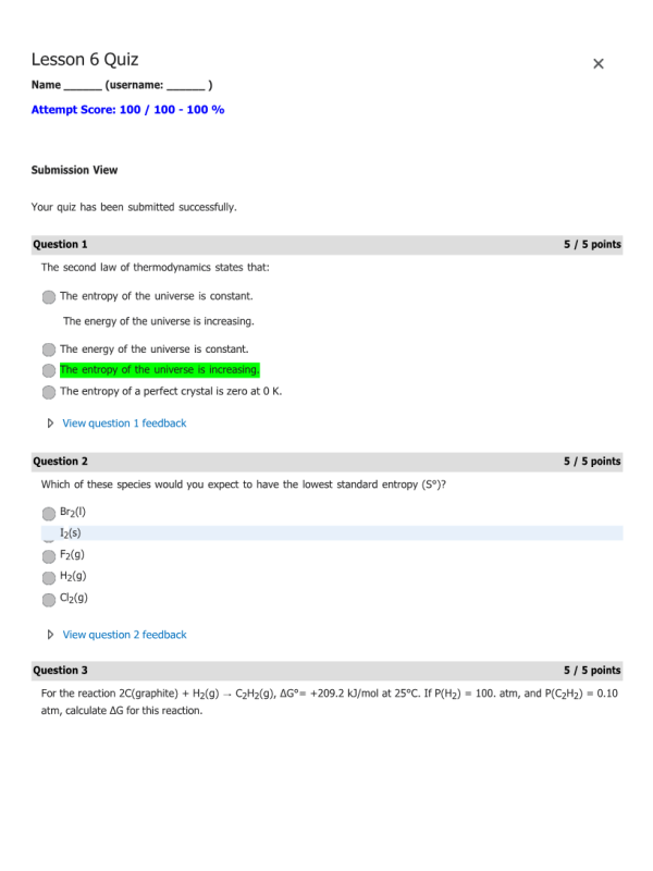 CHEM134 Week 12 Lesson 6 Quiz Score 100%