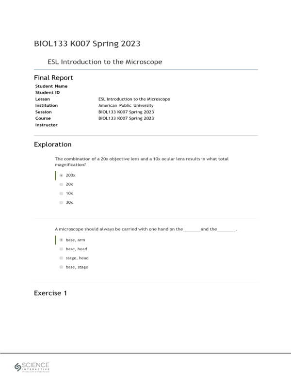 BIOL133 Week 1 Lab Assignment; Introduction to the Microscope