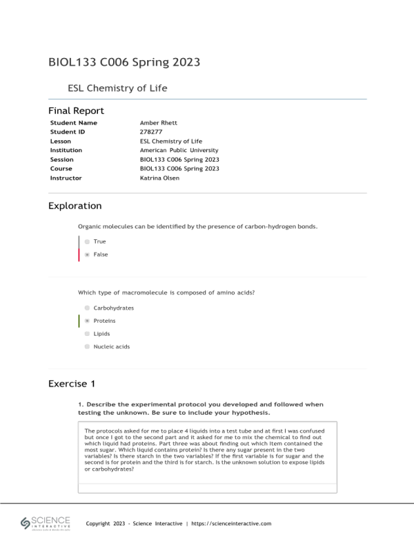 BIOL133 Week 3 Lab Assignment 3 - Chemistry of Life; Exercise