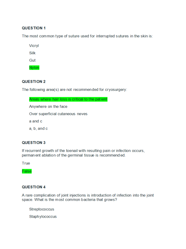 PRAC 6568 Week 7 Quiz; Musculoskeletal, Neurological, and Dermatological Procedures (10 out of 10)