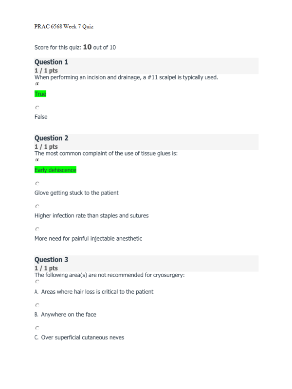 PRAC 6568 Week 7 Quiz; Musculoskeletal, Neurological, and Dermatological Procedures (10 out of 10)