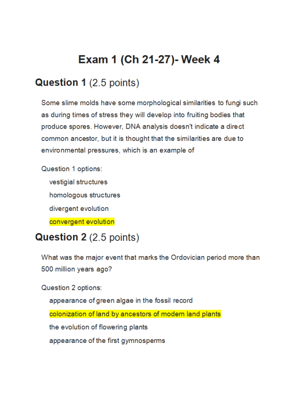 BIOL134 Week 4 Exam 1; Ch 21-27