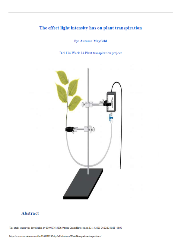 BIOL134 Week 14 Course Project Experiment Report; The effect light intensity has on plant transpiration