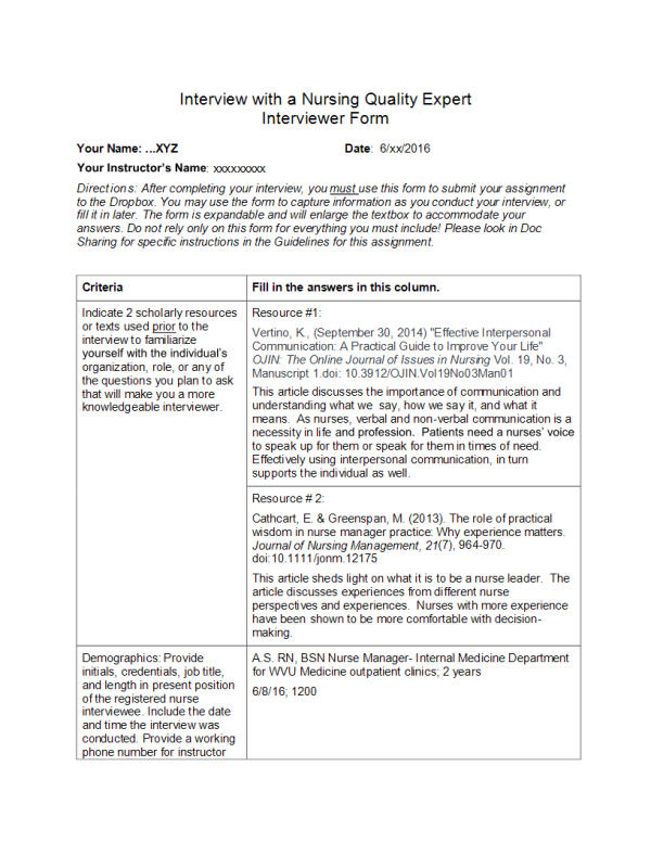 NR 447 Week 6 Assignment; Interview with a Nursing Quality Expert